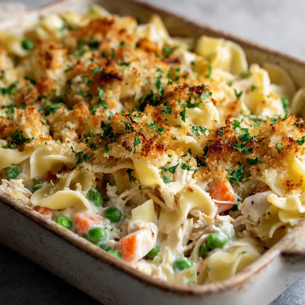 Close-up of crispy, golden-brown toasted buttery breadcrumb crust garnished with finely chopped fresh green parsley flakes on a casserole.