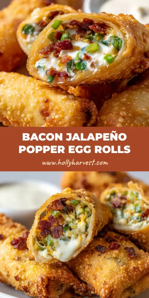 Close-up of golden brown crispy Bacon Jalapeño Popper Egg Rolls cut in half diagonally, revealing gooey white cream cheese, green jalapeños, and red bacon bits.