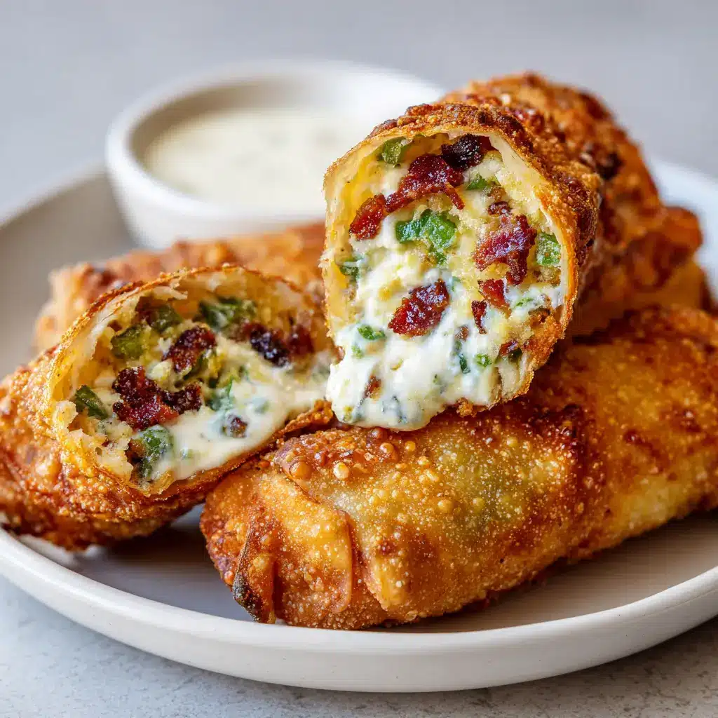 Crispy golden blistered egg rolls loaded with bacon and jalapeños, served alongside a small white bowl of creamy dipping sauce.
