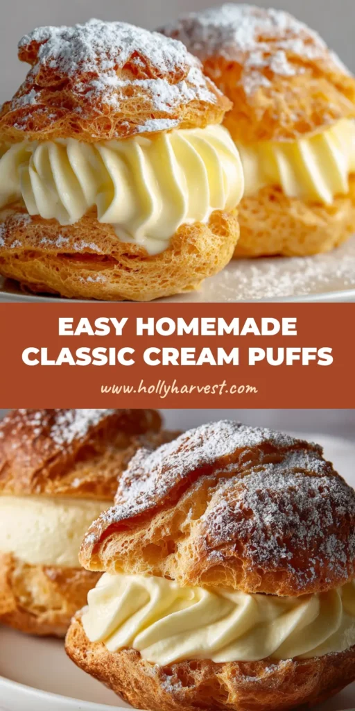 A halved homemade cream puff with a crisp, golden-brown choux pastry shell filled with thick, velvety pale yellow vanilla cream showing ridges from a star piping tip, dusted with white powdered sugar.