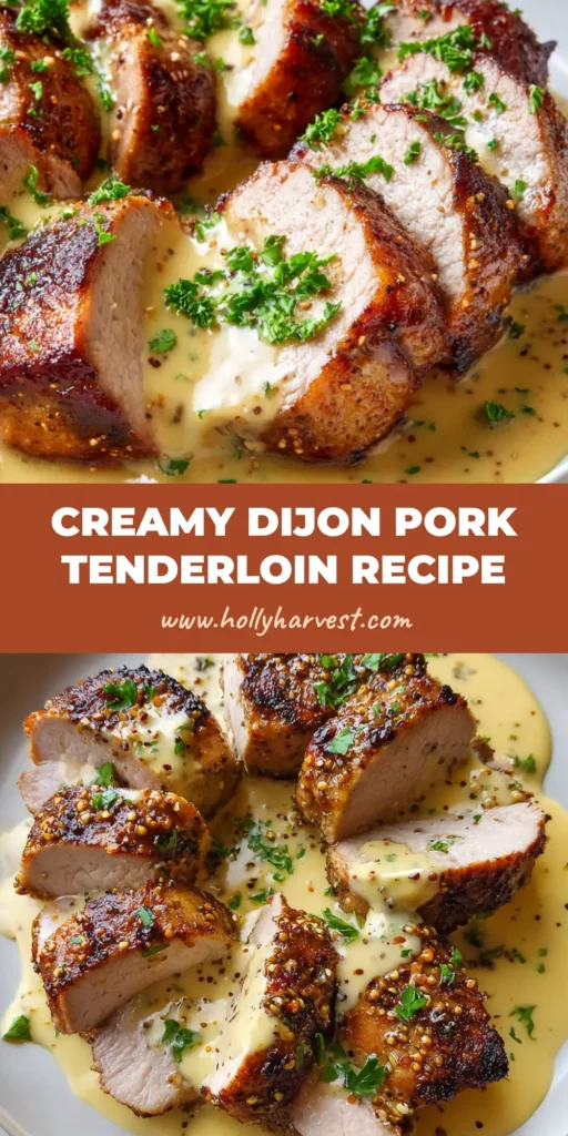 Close-up of overlapping pan-seared pork tenderloin medallions covered in a velvety pale-yellow Dijon cream sauce with whole grain mustard seeds and fresh parsley.