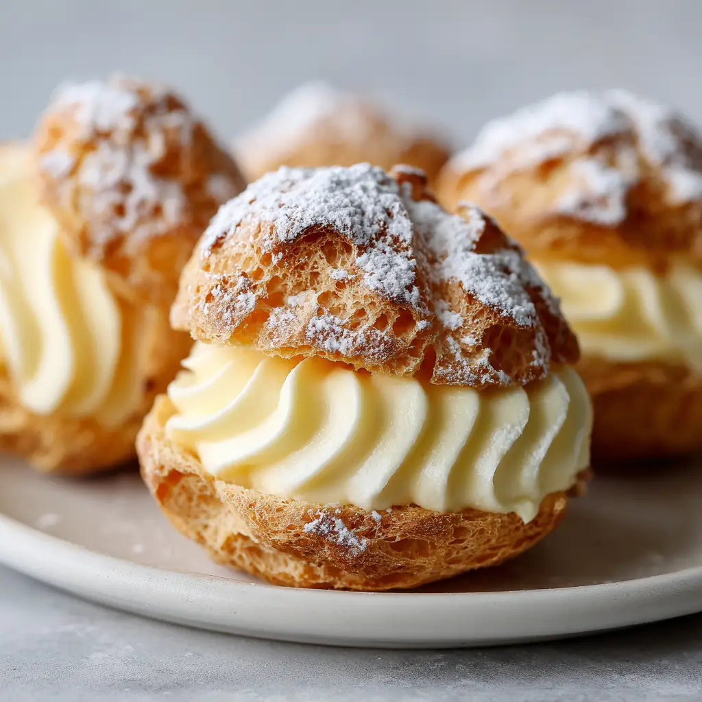 Close up shot of the top half of a golden choux pastry shell dusted with a fine layer of white powdered sugar resting gently over pale yellow cream.