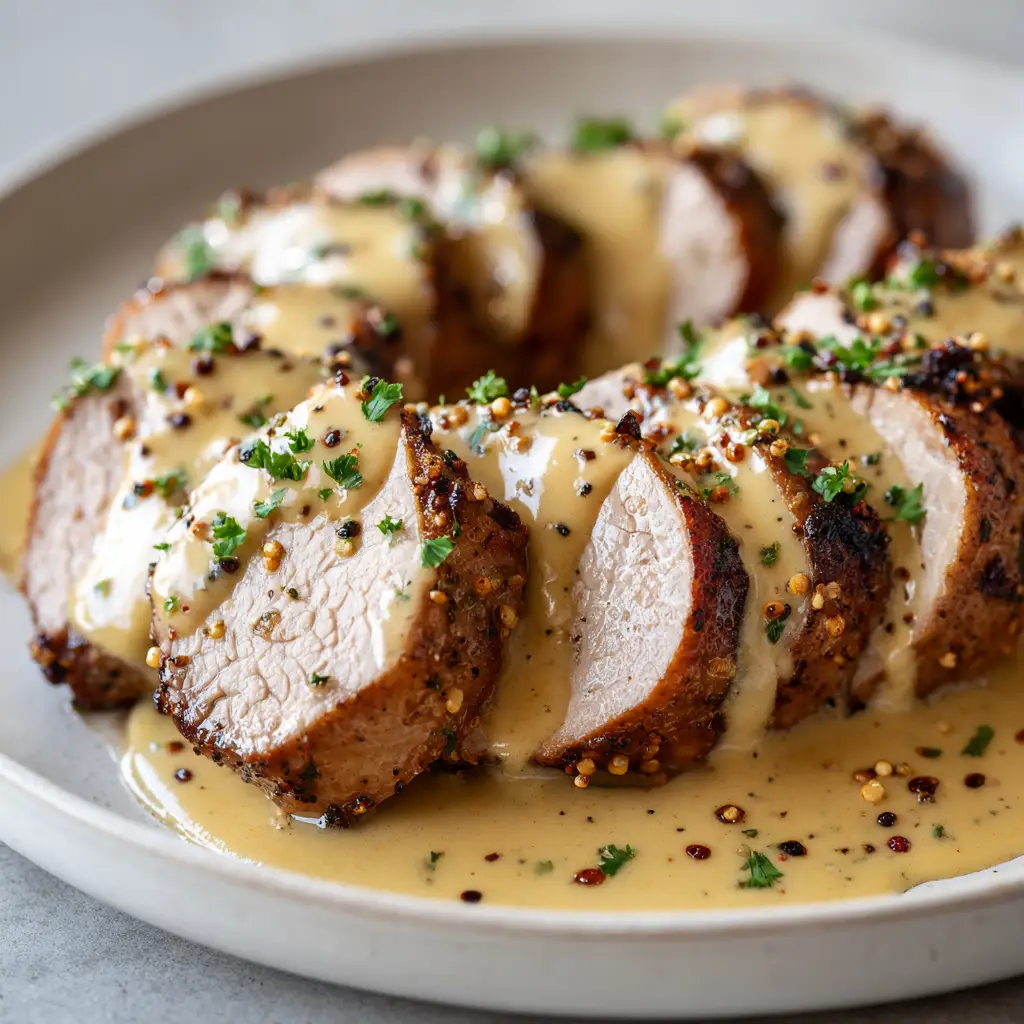 Velvety pale-yellow Dijon mustard cream sauce cascading over juicy pork tenderloin medallions, garnished with specks of black pepper and chopped green parsley flakes.