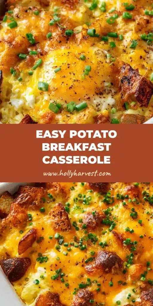 A close-up of a perfectly baked Potato Breakfast Casserole with a crispy potato base, fluffy eggs, and blistered cheddar cheese.