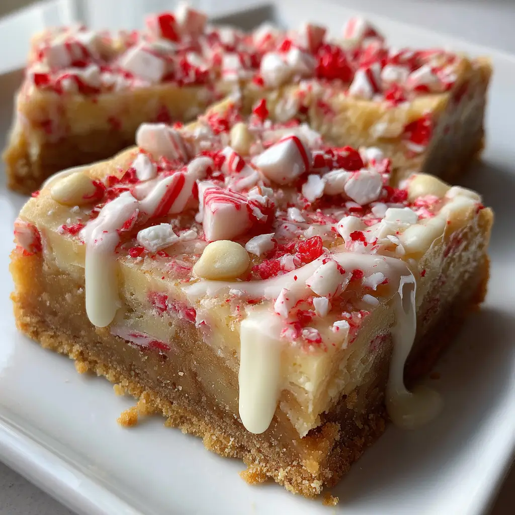 A close-up handheld photo of a Candy Cane Cookie bar on a white dessert plate, showing the distinct layers of graham cracker crust, gooey white chocolate filling, and crushed peppermint topping. (Candy Cane Cookies)