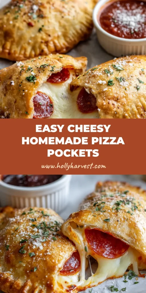 A golden brown homemade pizza pocket torn open to show a gooey mozzarella cheese pull and pepperoni slices inside. Served with marinara dipping sauce. (Homemade Pizza Pockets)