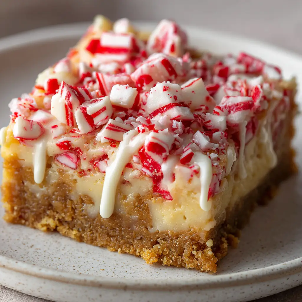 An overhead shot of the Candy Cane Cookies in a baking pan after being topped with crushed candy canes, ready for the final white chocolate drizzle.