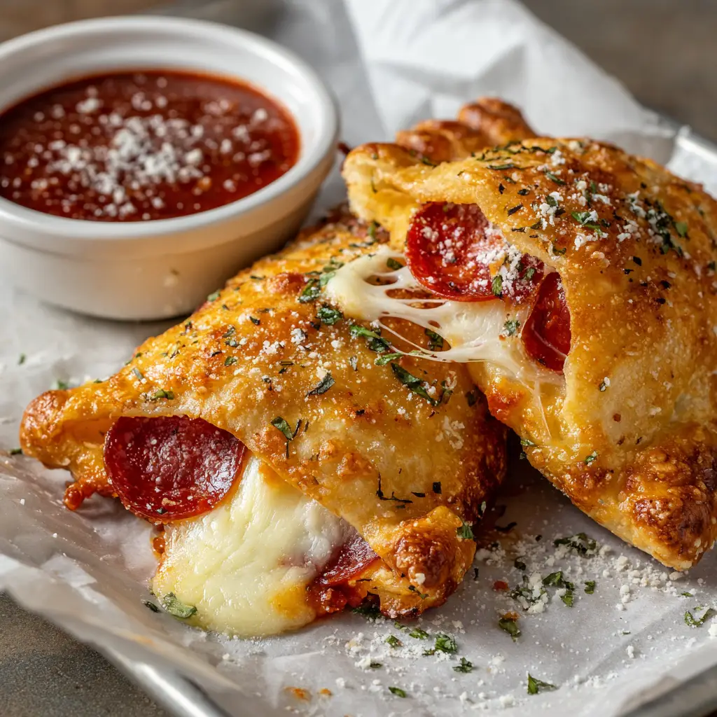 A homemade pizza pocket torn in half, revealing the thick, melted mozzarella cheese and curled pepperoni slices inside.