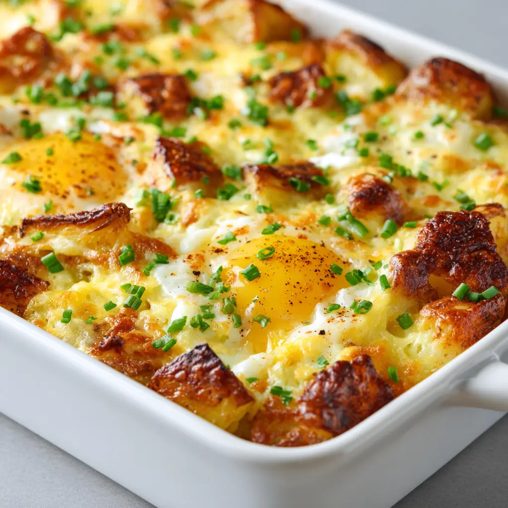 A slice of Potato Breakfast Casserole showing the thick fluffy yellow egg matrix and blistered cheese on top.