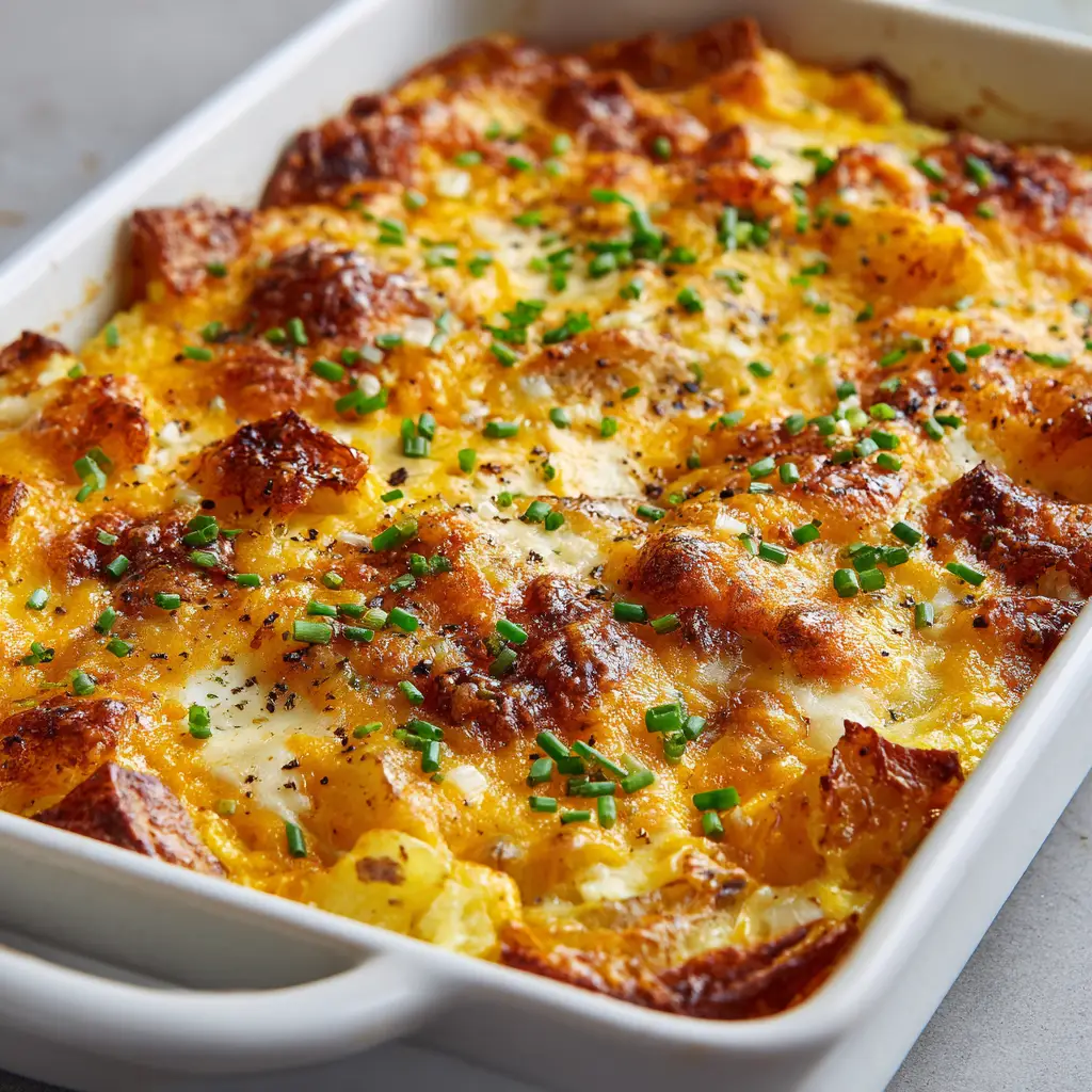 Overhead view of a Potato Breakfast Casserole in a white rectangular ceramic baking dish garnished with fresh green chives and black pepper.
