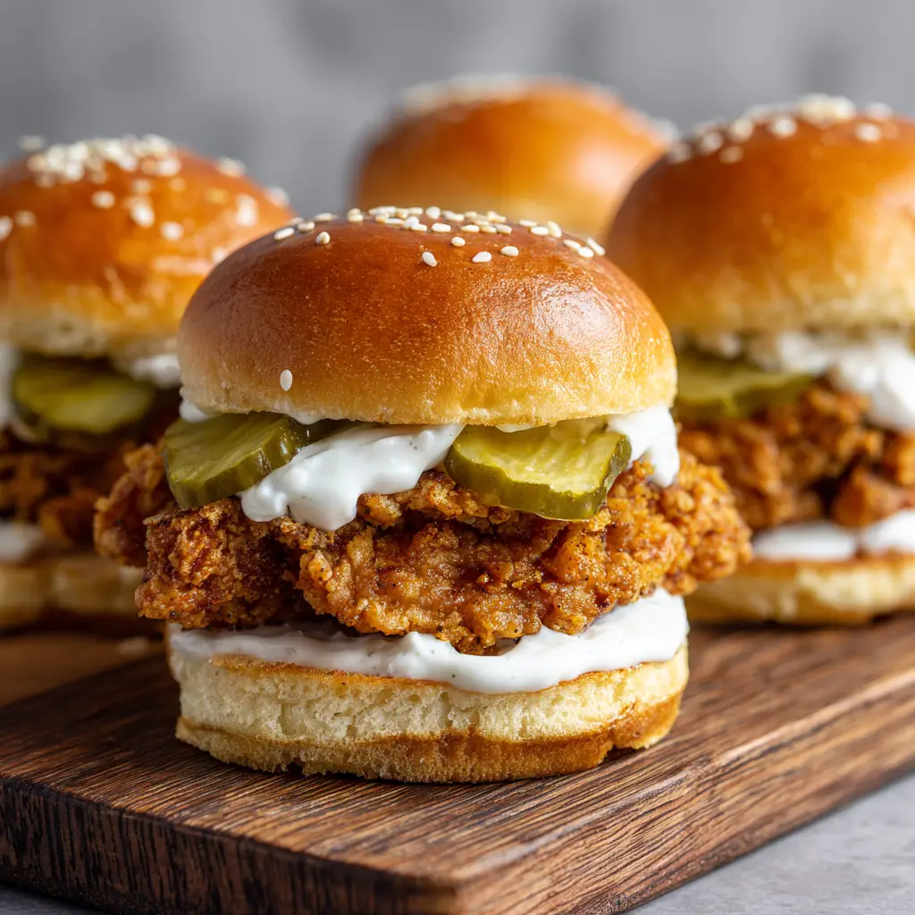 The Ultimate Crispy Fried Chicken Sliders Recipe 2 Close-up of crispy fried chicken sliders resting on a rustic wooden cutting board illuminated by soft natural daylight.