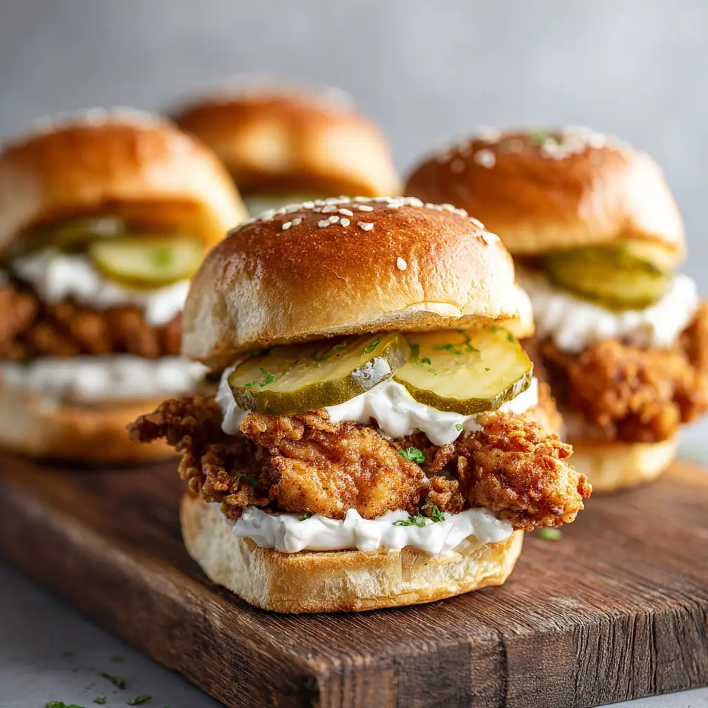 The Ultimate Crispy Fried Chicken Sliders Recipe 1 A thick, heavily breaded fried chicken breast piece topped with creamy white mayonnaise and thin dill pickle slices on a toasted brioche bun bottom.