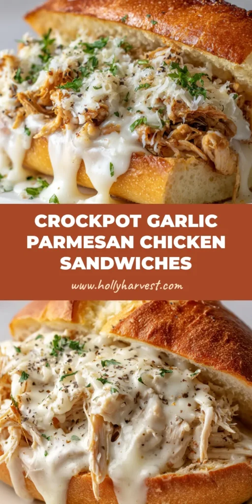 A close-up of Slow Cooker Garlic Parmesan Chicken Sandwiches with glossy melted mozzarella cheese draping down a lightly toasted golden-brown sub roll.