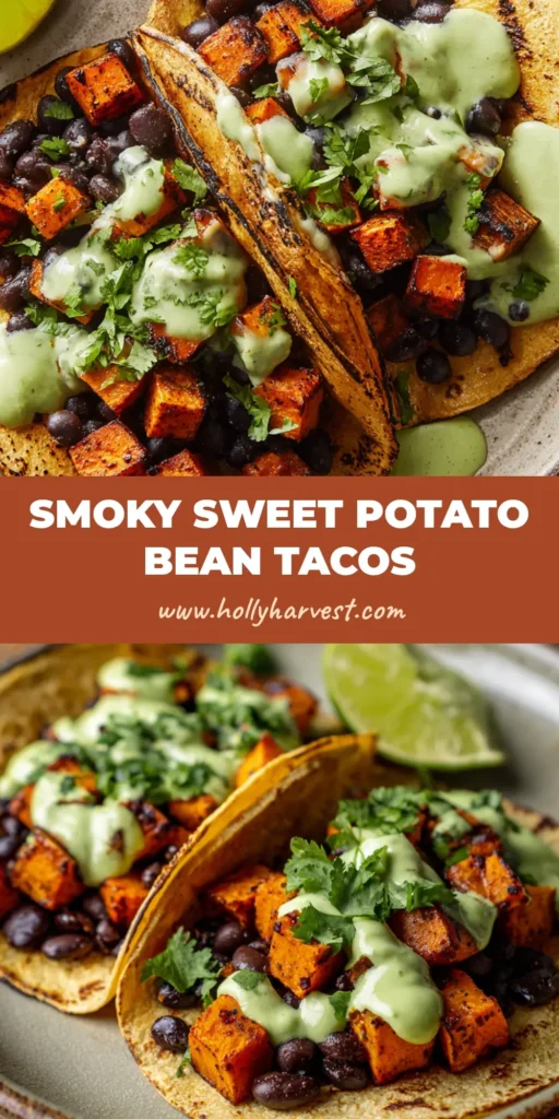 Two small charred corn tortillas filled with caramelized roasted sweet potatoes, glossy black beans, and drizzled with pale green avocado sauce. (Sweet Potato Tacos)