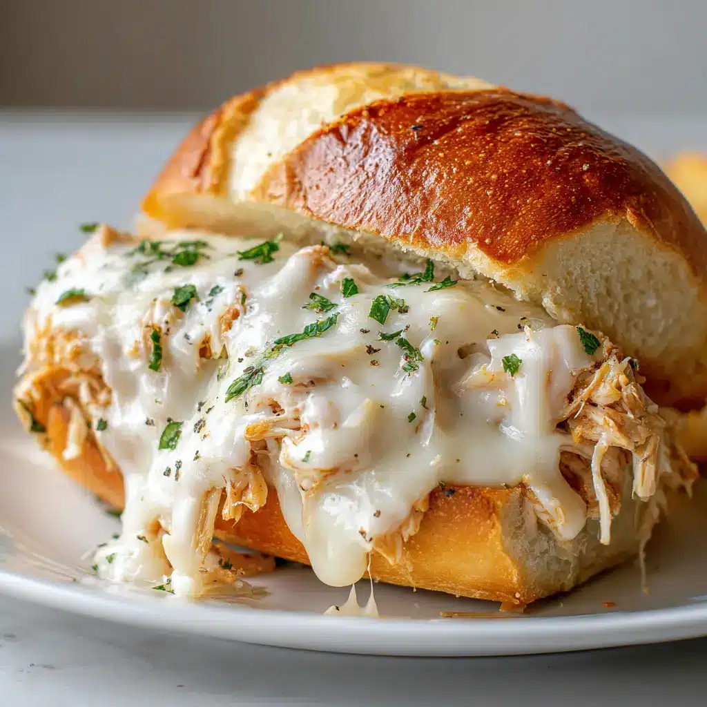 Mouth-watering shredded chicken sandwich topped with chopped fresh green parsley, cracked black pepper, and gooey mozzarella cheese on a white plate.