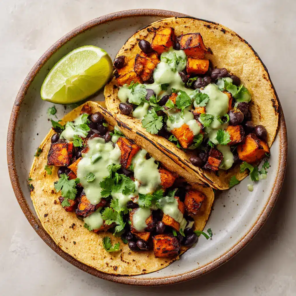 A thick, pale seafoam-green creamy avocado sauce being generously drizzled over sweet potato tacos.