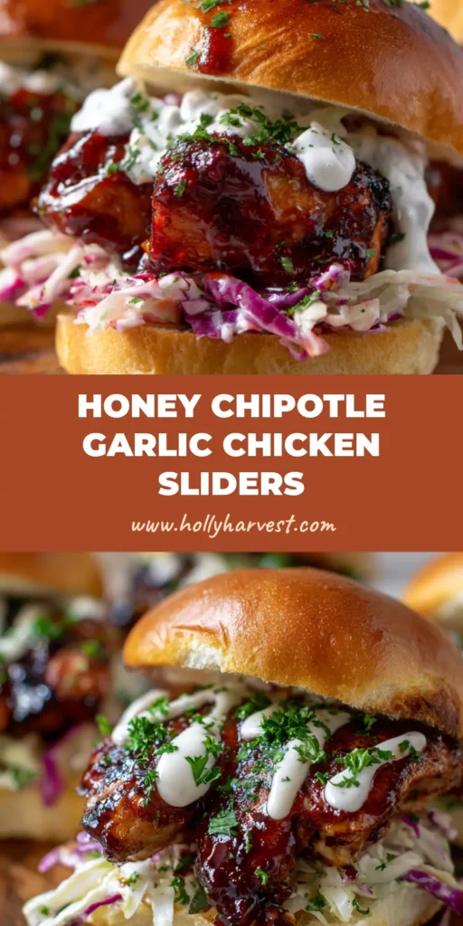 A rustic wooden cutting board holding Honey Chipotle Chicken Sliders with creamy cabbage slaw, glazed chicken, and a shiny toasted bun.