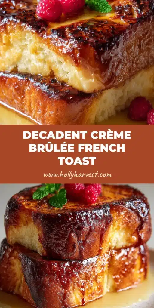 Close-up of stacked Creme Brulee French Toast with a glossy burnt-sugar crust, fresh raspberries, and amber syrup.