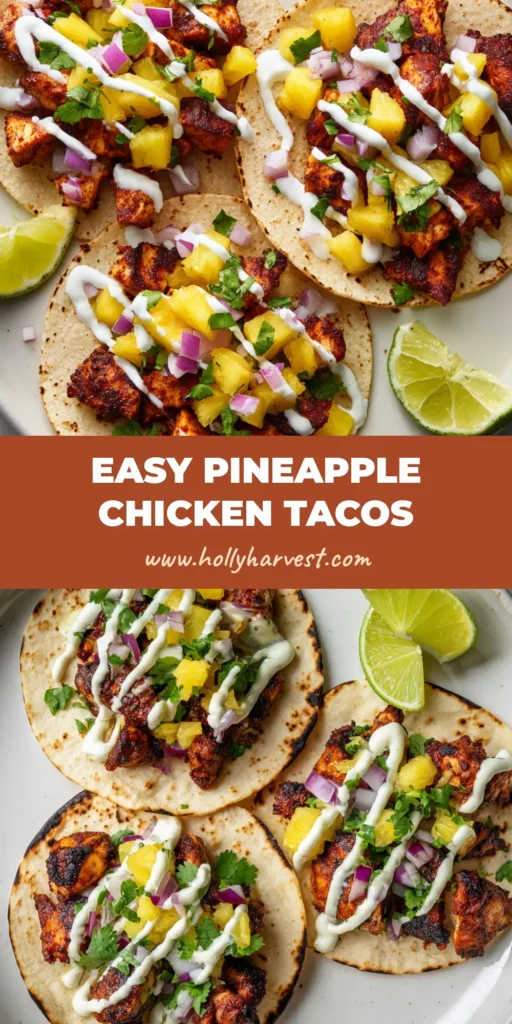 A plate of three Pineapple Chicken Tacos on charred flour tortillas, topped with dark seared chicken, fresh pineapple salsa, and a zigzag crema drizzle with a lime wedge.