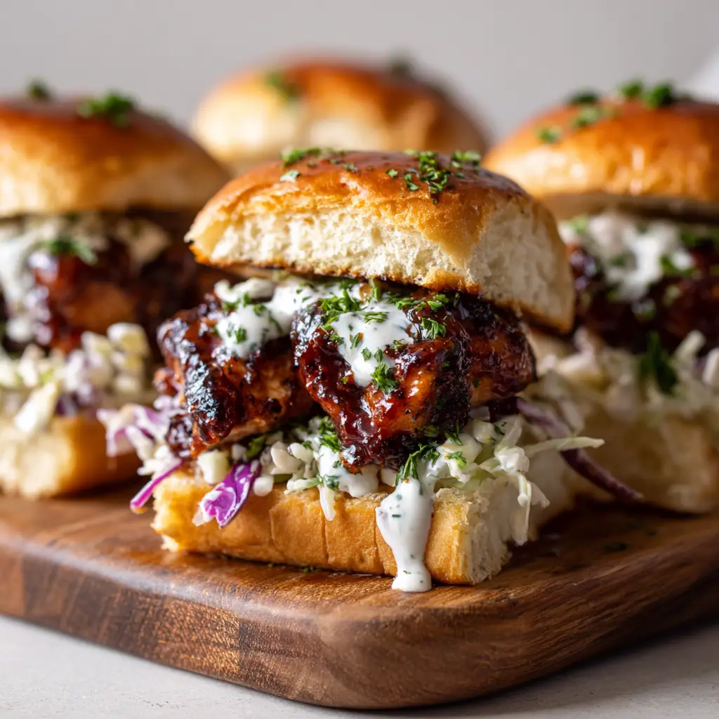 Honey Chipotle Chicken Sliders featuring creamy white garlic sauce drizzled over sticky chicken with fresh green parsley on top.