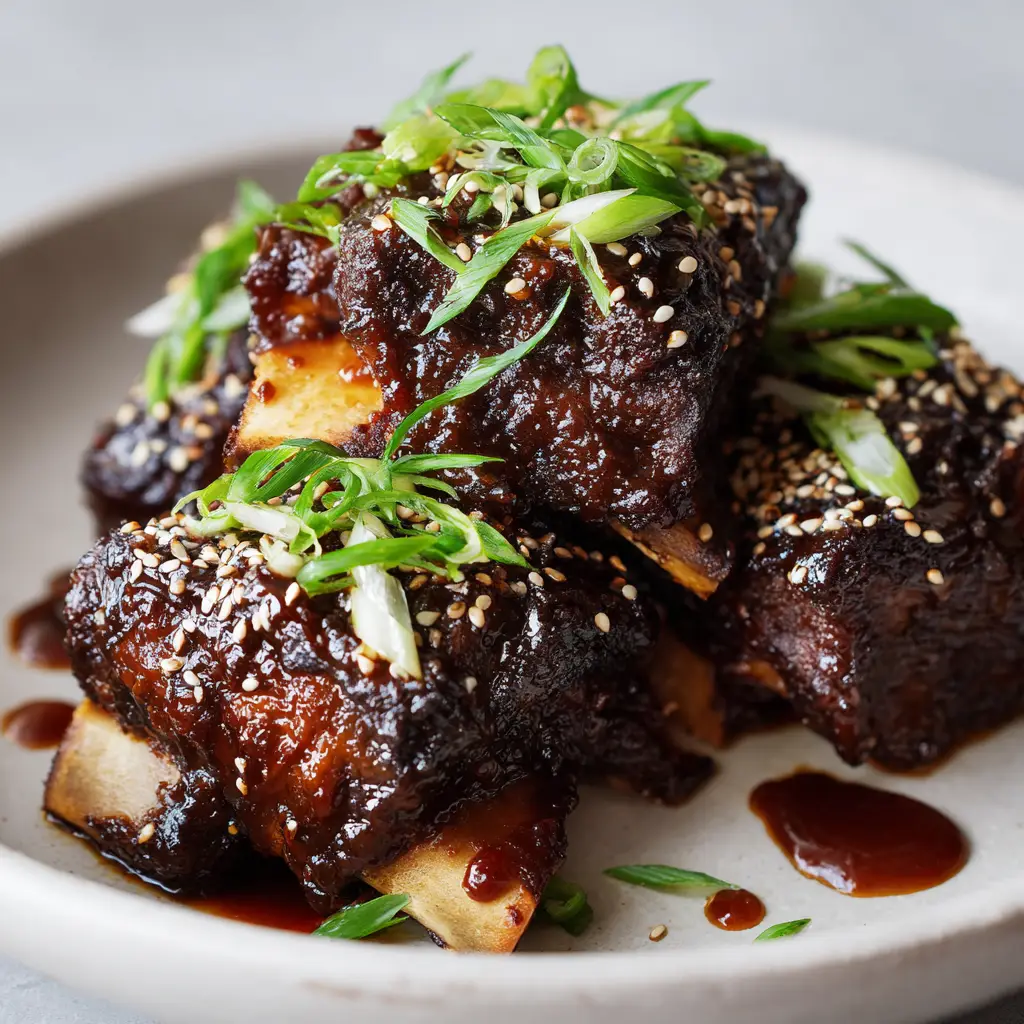 Asian Beef Short Ribs (Sticky, Slow-Roasted Perfection) 2 Tender Asian beef short ribs on a white ceramic plate pulling away from the exposed white rib bones, covered in a glossy caramelized sauce.