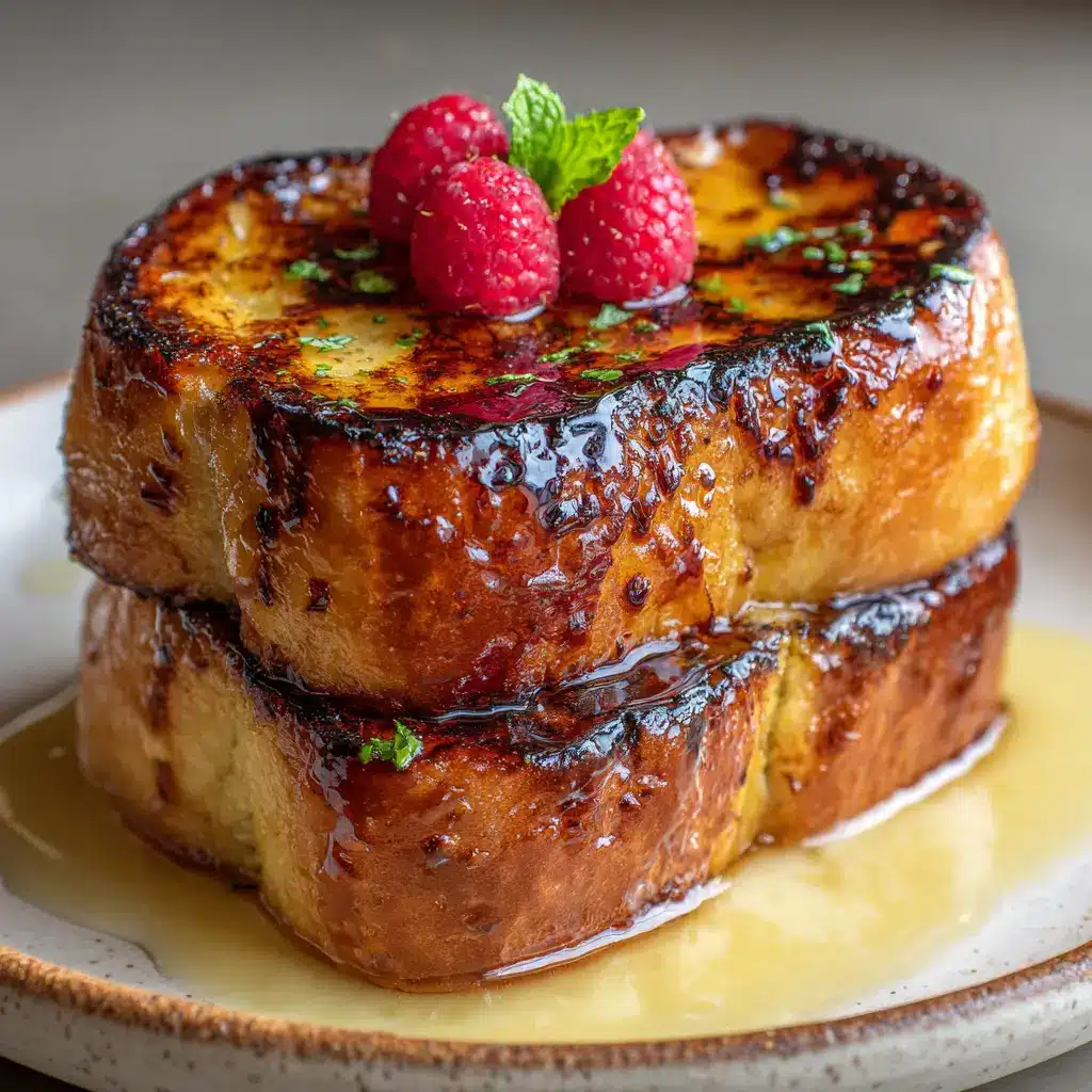 A small pool of pale yellow vanilla custard and amber syrup surrounding the base of stacked French toast garnished with raspberries and mint.