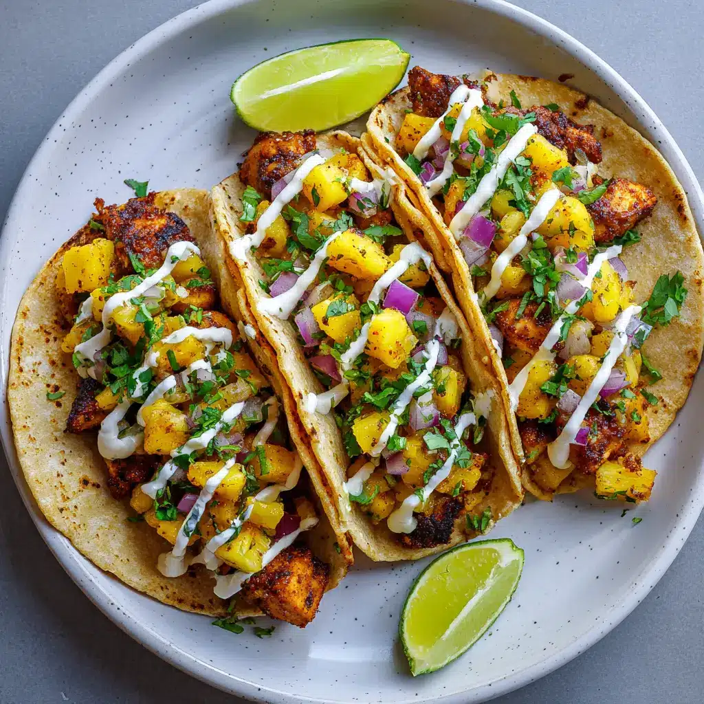 Three assembled Pineapple Chicken Tacos on a matte white plate with lightly charred tortillas and thin white sauce drizzled in a zigzag pattern.