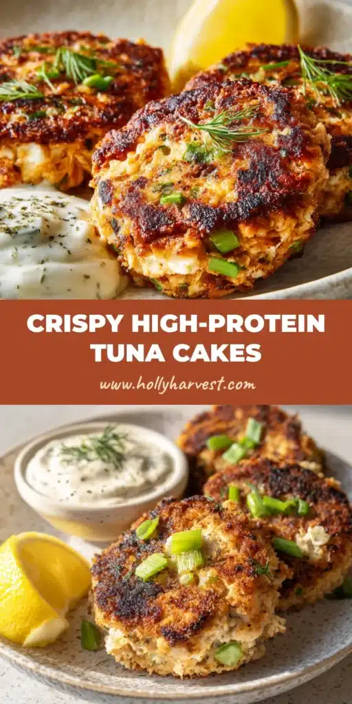 Three pan-seared Cottage Cheese Tuna Cakes on a textured white plate with creamy dipping sauce and a lemon wedge.