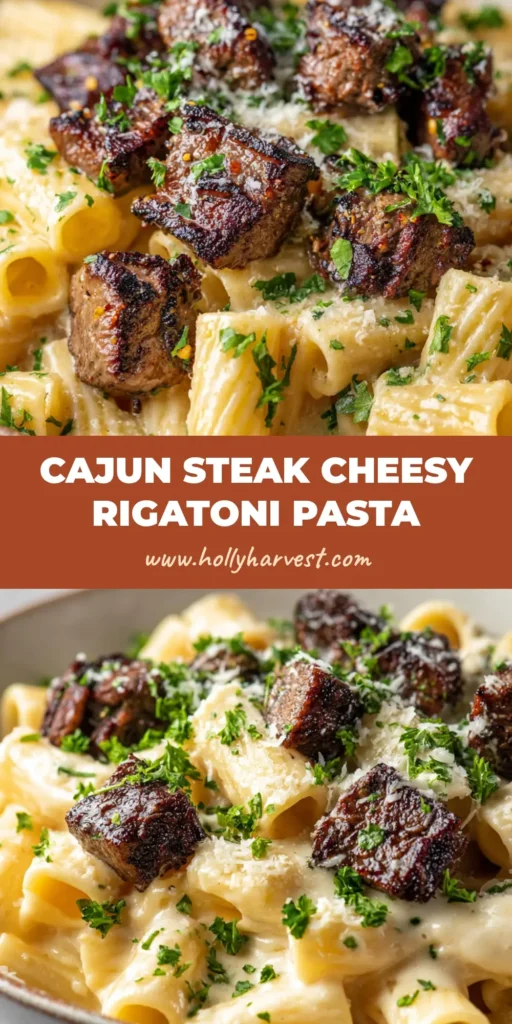 A shallow rustic bowl filled with Cajun Steak Pasta, featuring creamy rigatoni, charred steak bites, and chopped fresh parsley.