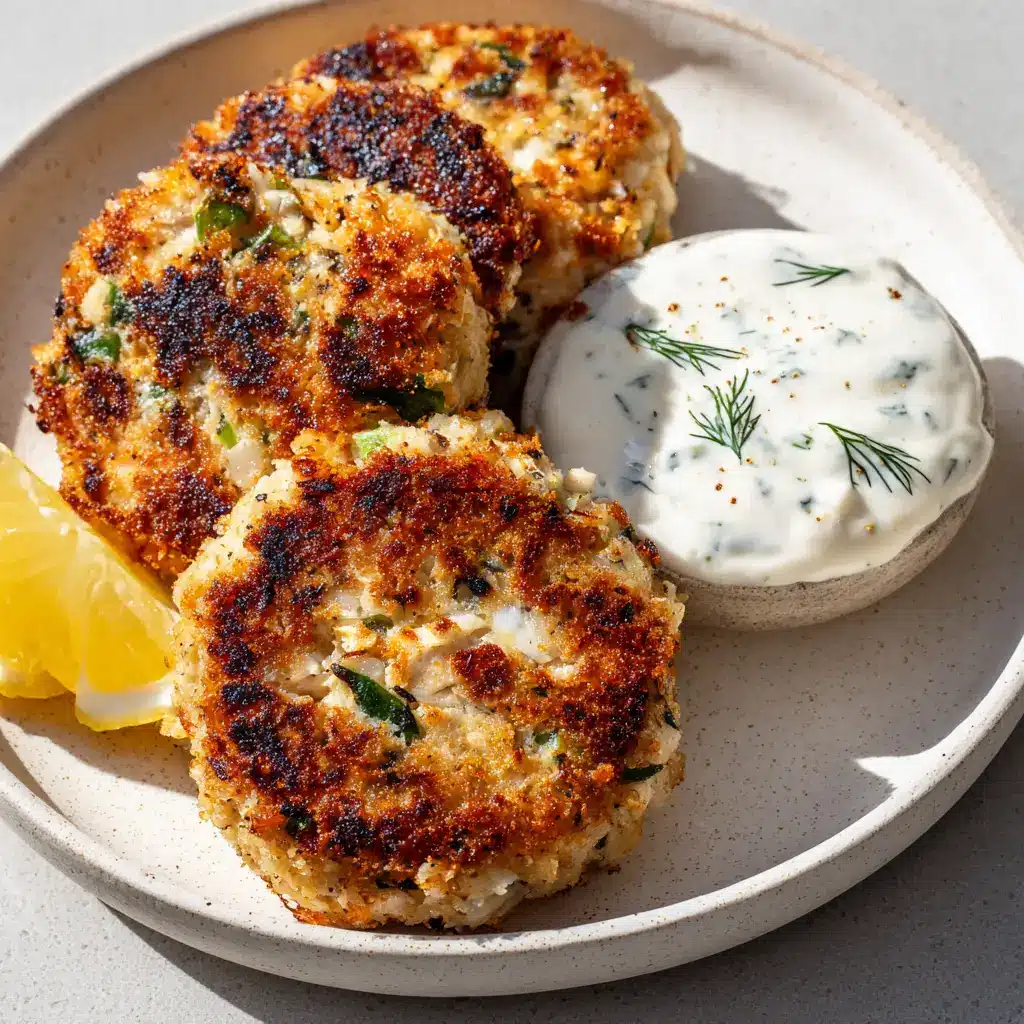Plated Cottage Cheese Tuna Cakes next to a dollop of thick creamy white dipping sauce dusted with dried dill weed.