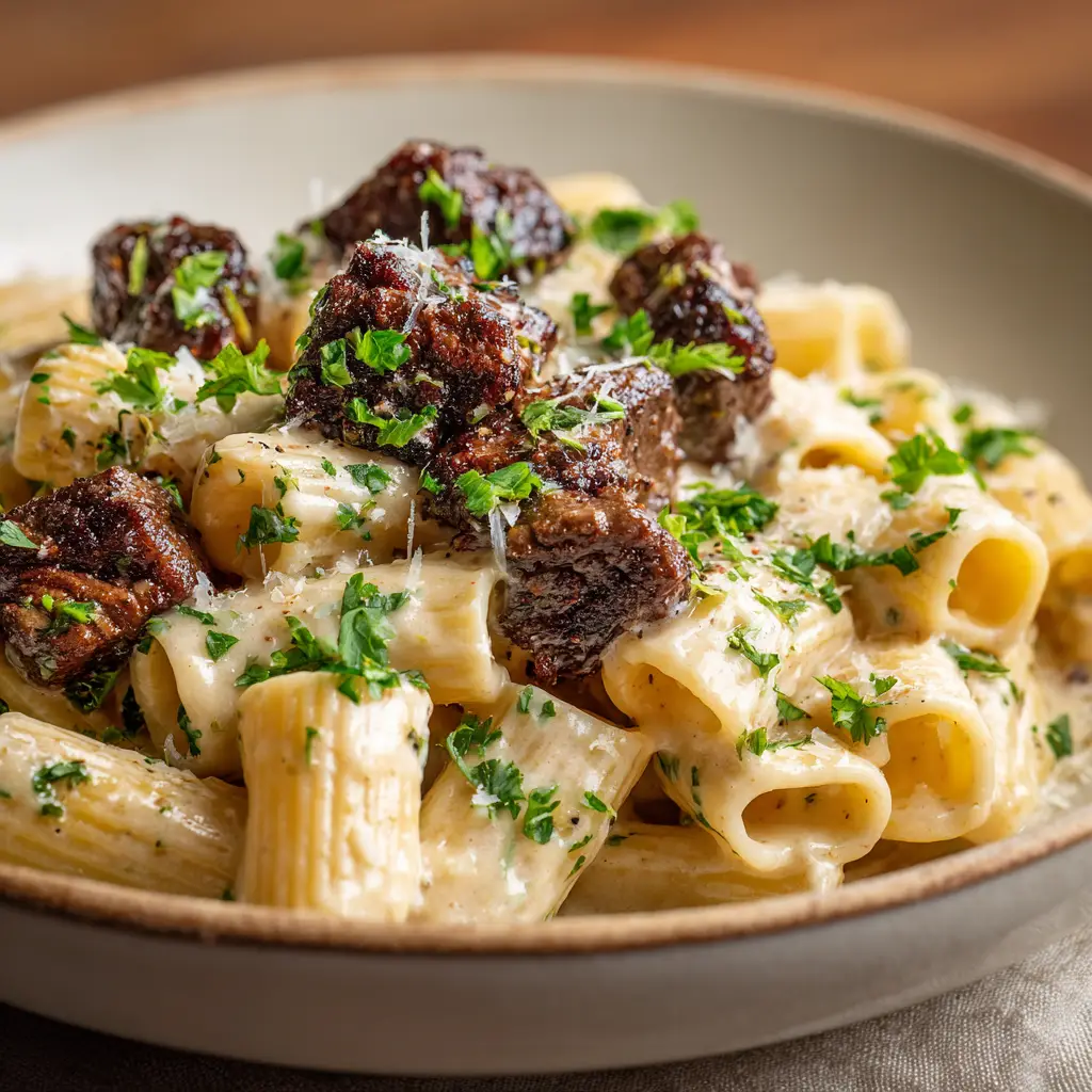 Freshly seared Cajun steak tips resting on a bed of creamy cheesy rigatoni, garnished with grated Parmesan and green parsley.