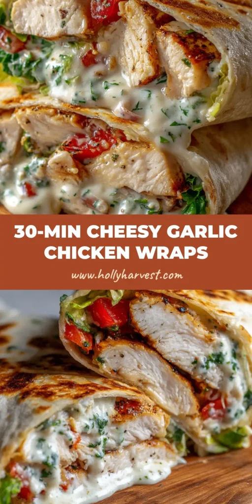 A freshly cut Cheesy Garlic Chicken Wrap on a wooden serving board, showing thick-cut chicken, creamy garlic sauce, melted mozzarella, crisp lettuce, and diced tomatoes inside a blistered tortilla.