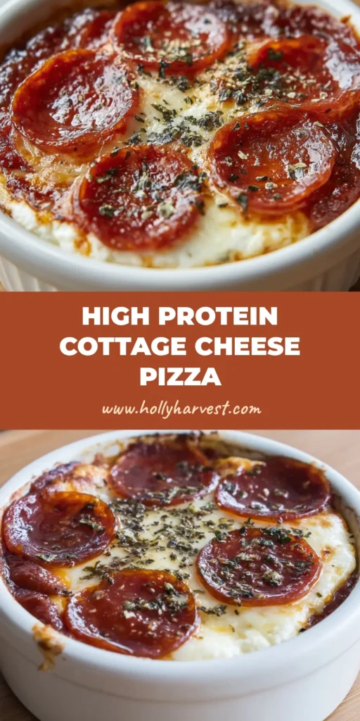 A freshly baked Cottage Cheese Pizza Bake in a white ramekin, topped with chunky marinara, blistered mozzarella, cupped pepperoni slices with small pools of oil, and sprinkled with oregano and red pepper flakes.