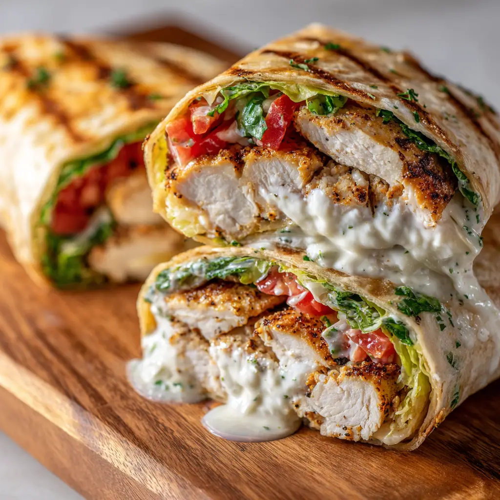 Golden, blistered flour tortillas tightly wrapping juicy chicken and creamy garlic sauce resting on a wooden board.