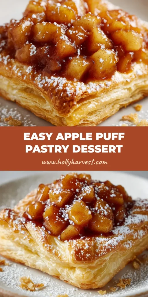A close-up of a golden baked Apple Puff Pastry square with diced apples in glossy cinnamon syrup and dusted with powdered sugar.