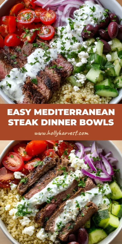 Ultimate Mediterranean Steak Bowls with Tzatziki 4 A close up top-down view of a Mediterranean Steak Bowl featuring fluffy quinoa, seared sliced flank steak, tomatoes, cucumbers, red onions, kalamata olives, feta, and tzatziki drizzle.