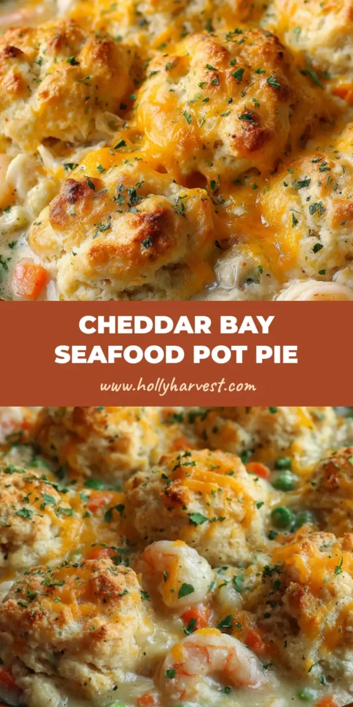 A freshly baked seafood pot pie in a rustic ceramic baking dish topped with golden-brown cheddar drop biscuits.