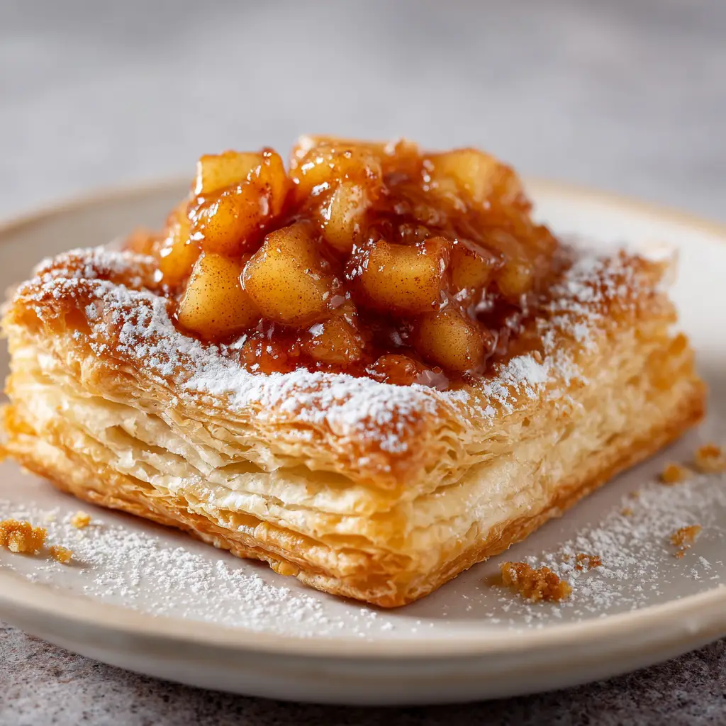 Close up of glossy amber cinnamon-spice syrup coating diced cooked apples inside a puff pastry shell, dusted with sugar.
