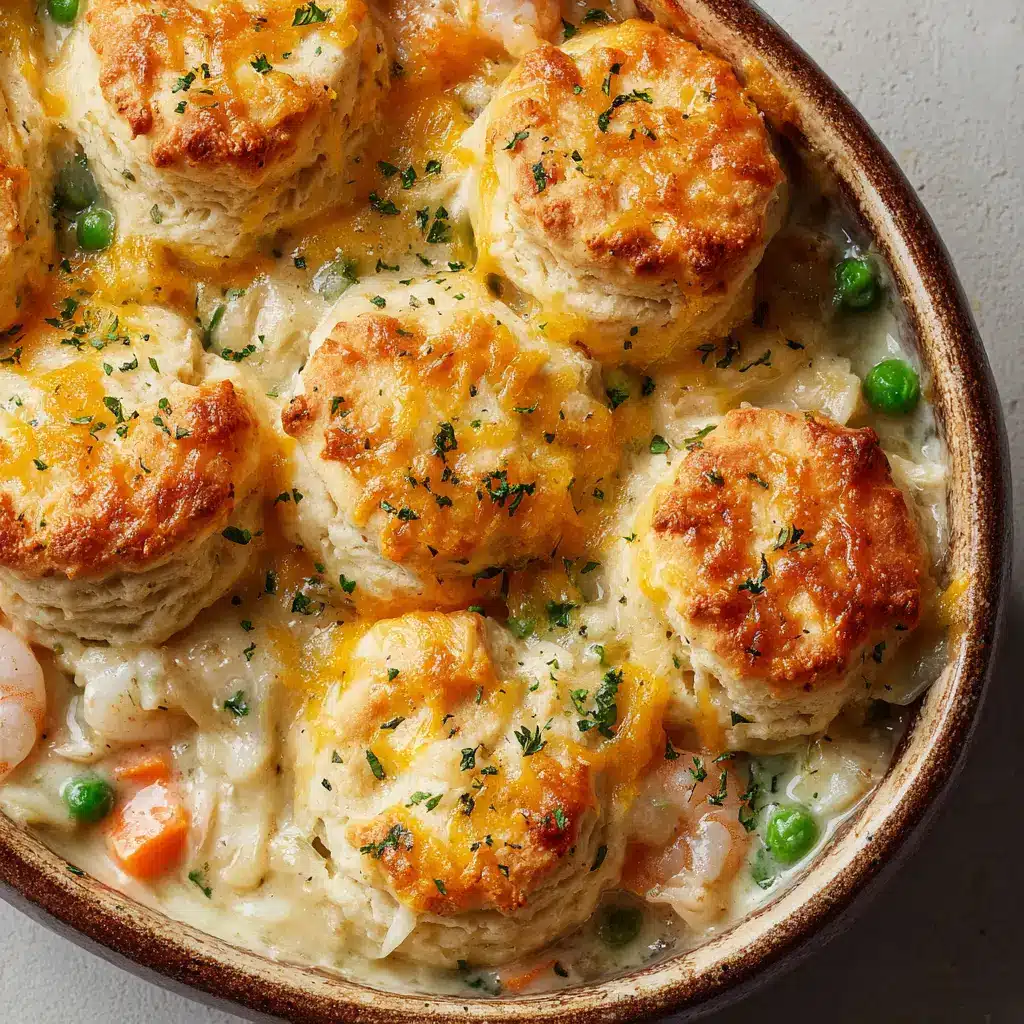 Large, rustic, golden-brown baked drop biscuits studded with melted orange cheddar cheese and speckled with green parsley on top of a casserole.
