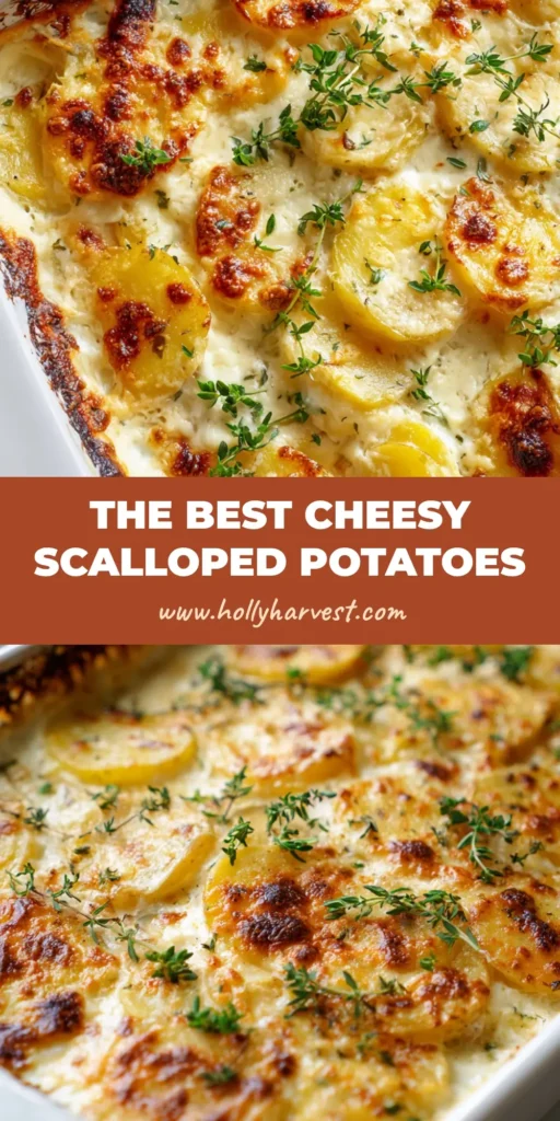 A casserole dish of bubbling Homemade Scalloped Potatoes with fresh parsley and thyme garnish.