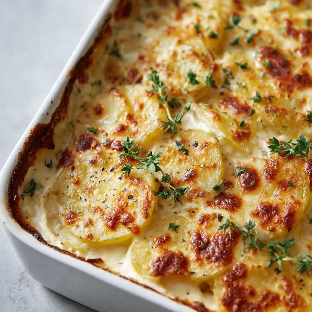 Rectangular white ceramic casserole dish with bubbling cheddar crust and slightly charred edges. (Homemade Scalloped Potatoes)