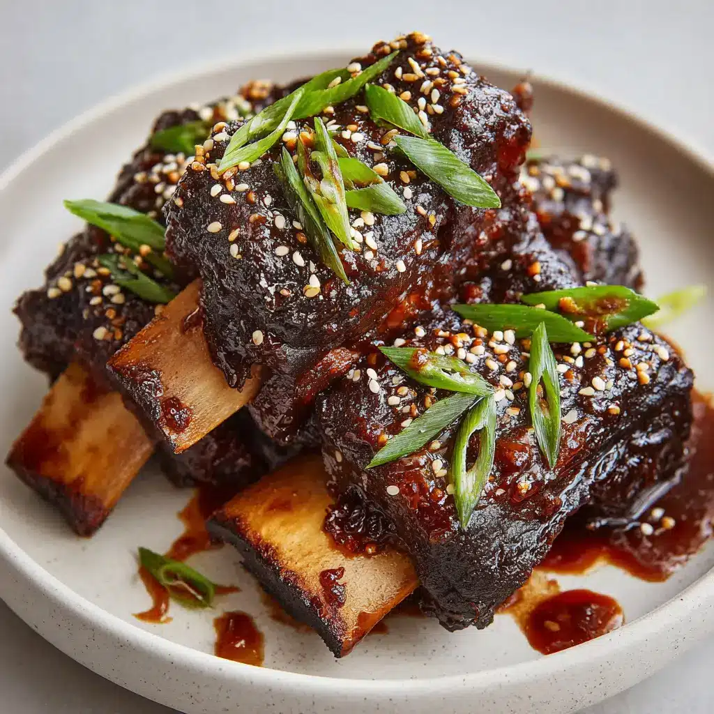 Asian Beef Short Ribs (Sticky, Slow-Roasted Perfection) 1 Dark brown sticky soy glaze pooled around bone-in Asian beef short ribs topped with fresh green onions and white sesame seeds.