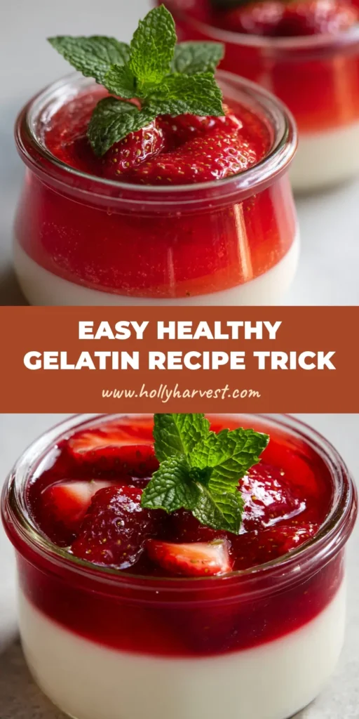 A clear glass jar filled with a Healthy Gelatin Recipe featuring an opaque white coconut base and translucent ruby red strawberry top layer with whole fresh fruit.