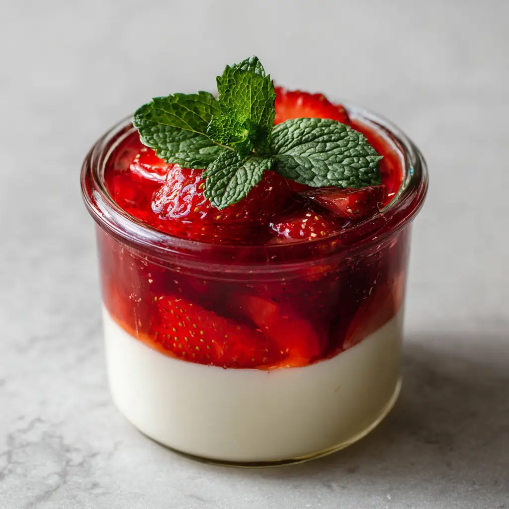 Overhead view of the Healthy Gelatin Recipe jar resting on a marble countertop, garnished with a single mint leaf.