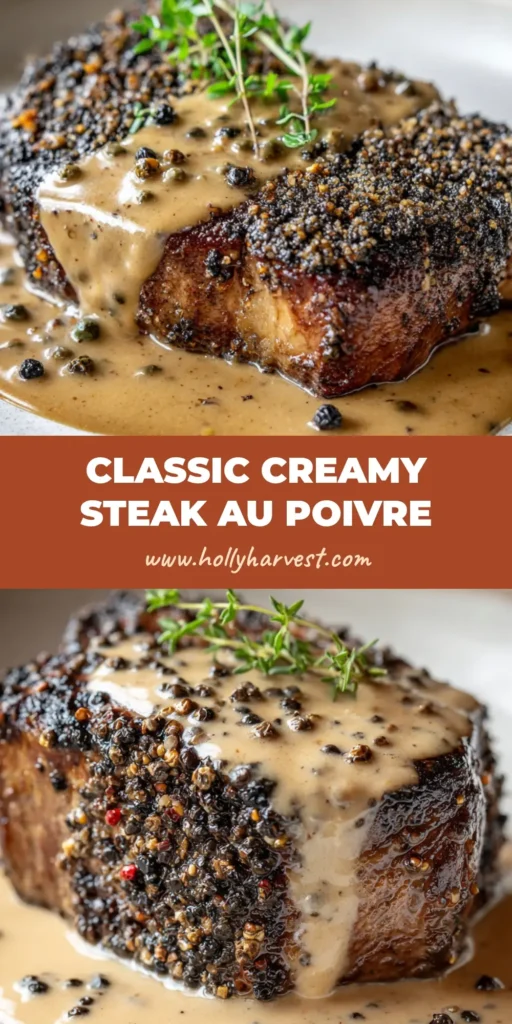 Classic French Steak Au Poivre: The Ultimate Peppercorn-Crusted Beef 4 A top-down view of a thick pan-seared Steak Au Poivre with a dark charred pepper crust, covered in a velvety warm beige cognac cream sauce with whole green peppercorns.