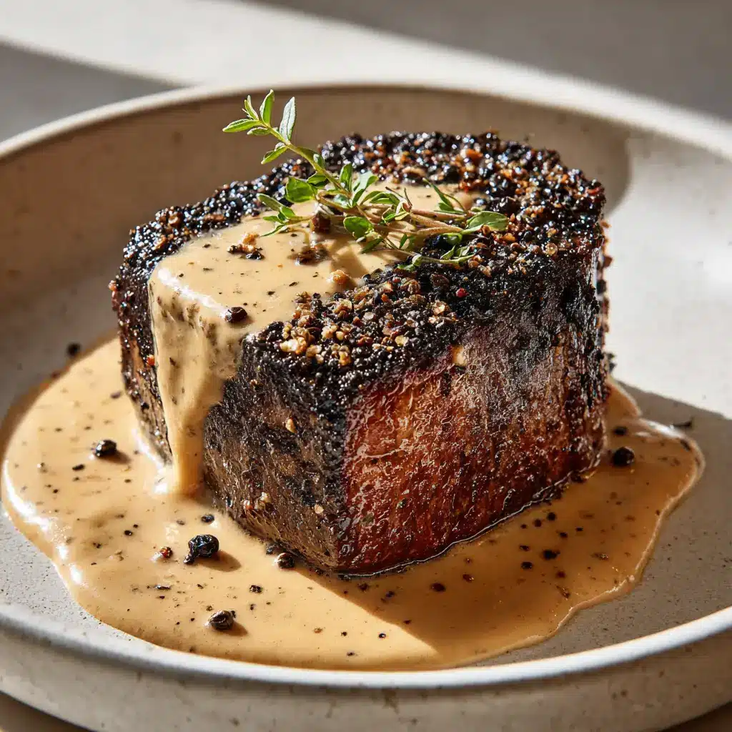Classic French Steak Au Poivre: The Ultimate Peppercorn-Crusted Beef 2 A thick cut pan-seared steak resting on a round white ceramic plate. The Steak Au Poivre features a dark charred outer crust densely coated with cracked black peppercorns.