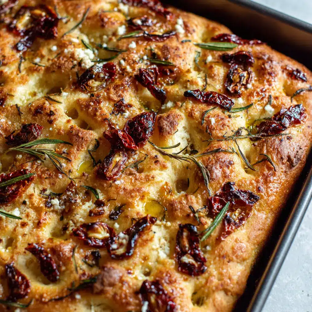 Heavily textured and lightly charred top crust of golden-brown sourdough discard focaccia scattered with whole caramelized roasted garlic cloves and coarse white sea salt flakes.