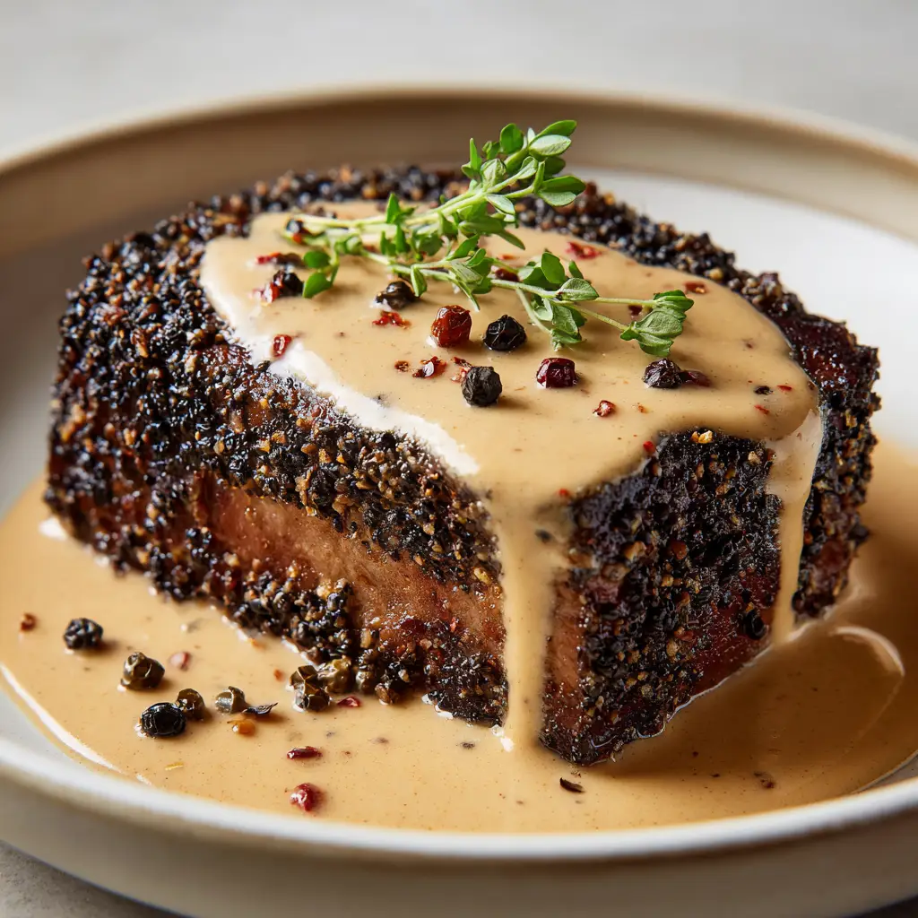 Classic French Steak Au Poivre: The Ultimate Peppercorn-Crusted Beef 1 A velvety, glossy, warm beige cognac cream sauce cascading down a Steak Au Poivre, garnished with whole green and black peppercorns and a fresh green thyme sprig.