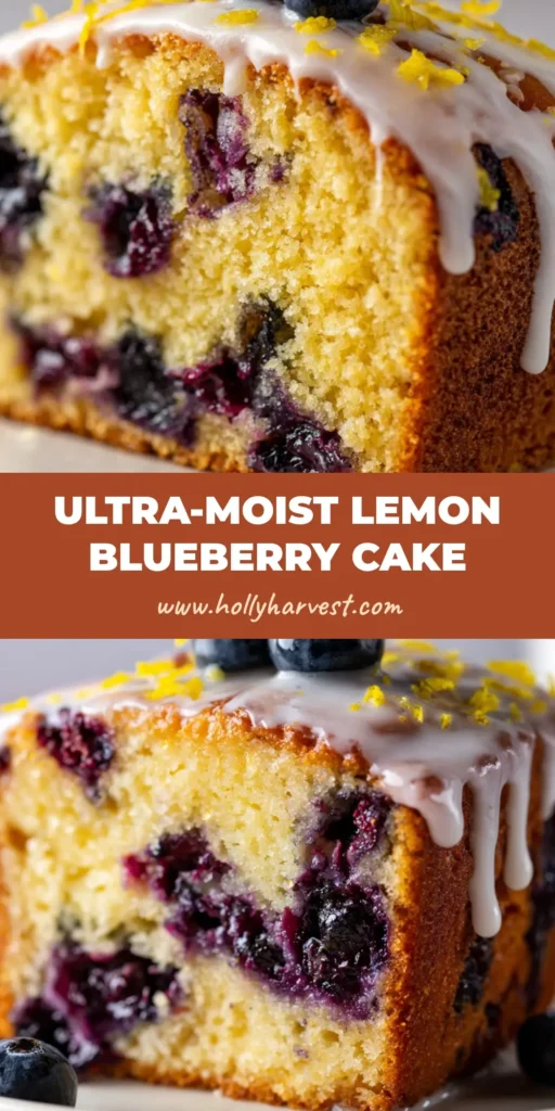 A thick slice of beautifully dense Lemon Blueberry Pound Cake on a ceramic plate, featuring a golden-yellow crumb studded with jammy dark purple blueberries and topped with a thick opaque white lemon glaze.
