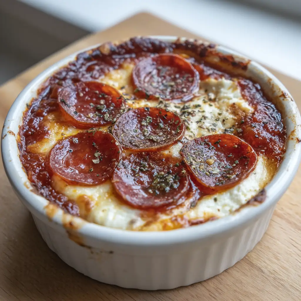 Close up of a thick gooey layer of melted and slightly browned mozzarella cheese bubbling over a creamy baked cottage cheese base in a white ceramic ramekin.
